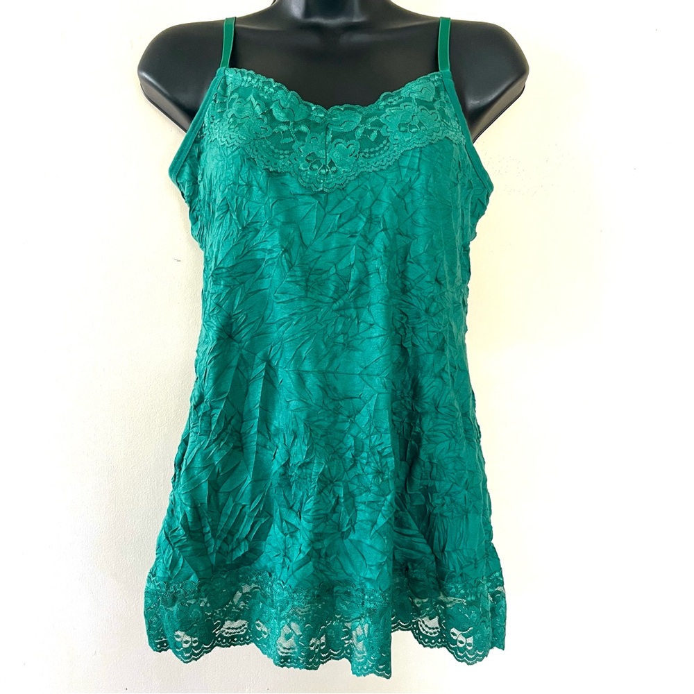 Y2k long tank top lace trim L emerald green stretch forest fairy Dress Barn
